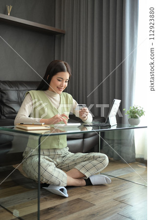 Smiling millennial woman holding credit card and calculating expenses in living room 112923880