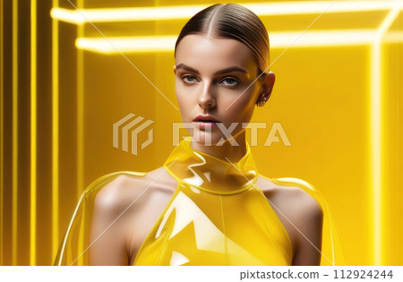 hic model in a sleek yellow outfit striking a pose with a bold, modern look 112924244
