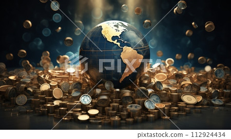AI-generated content. Wealth and Abundance: Golden Globe with Falling Coins Ai generated 112924434