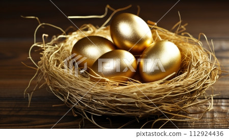 AI-generated content. Tranquil Nest with Golden Eggs Ai generation 112924436