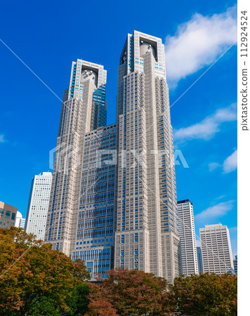 Tokyo Metropolitan Government Building towering against the clear blue sky in autumn (Shinjuku-ku, Tokyo) 112924524