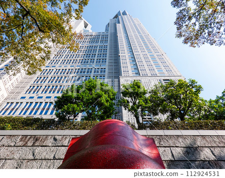 Tokyo Metropolitan Government Building towering against the clear blue sky in autumn (Shinjuku-ku, Tokyo) 112924531