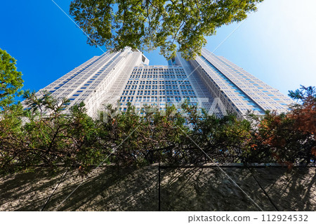 Tokyo Metropolitan Government Building towering against the clear blue sky in autumn (Shinjuku-ku, Tokyo) 112924532