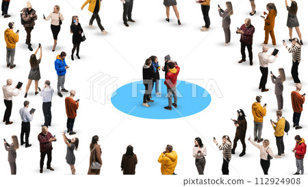Contemporary art collage. Group of people talking standing on blue point surrounded crowd against white background. 112924908