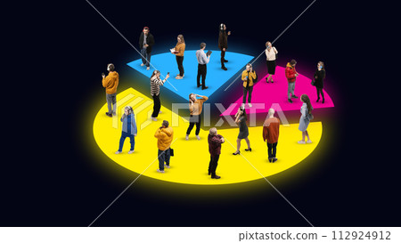 Contemporary art collage. Young small people stands on colorful, vibrant peach diagram against black background. Dark mode. 112924912