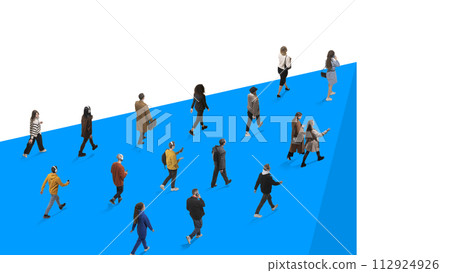 Contemporary art collage. Young, diverse small people, workers students go to blue edge. Career growth. 112924926