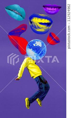 Young man in casual clothes dancing with disco ball on head over many mouth expressing emotions around. Party. Contemporary art collage Young man in casual clothes dancing with disco ball on head over many mouth expressing emotions around. Party. Contemporary art collage 112924962