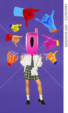 Woman in stylish clothes with retro phone head standing around hands gesturing on purple background. Contemporary art collage 112924963
