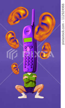 Person with cell phone head, ears floating, retro communication, surreal, purple hue, background. Contemporary art collage 112924966