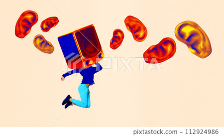 Person with music column head, ears floating, music concept, vibrant colors, abstract. Contemporary art collage Person with music column head, ears floating, music concept, vibrant colors, abstract. Contemporary art collage 112924986