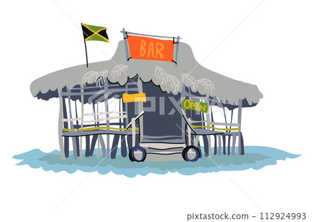 Wooden bar under a roof made of palm branches. Cafe in the Caribbean Sea near the island of Jamaica. Tropical style beach bar for relaxation and relaxation. Vector in flat style. 112924993