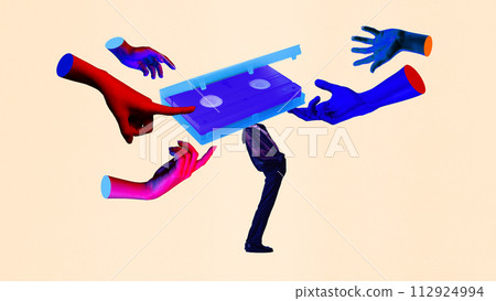 Contemporary art collage. Person with cassette tape body, colorful hands gesturing, retro tech, abstract concept. Contemporary art collage. Person with cassette tape body, colorful hands gesturing, retro tech, abstract concept. 112924994