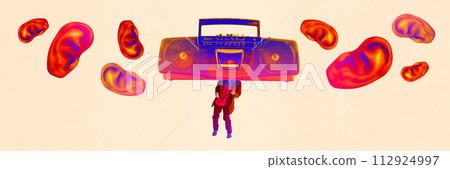 Surreal image of person with boombox head, ears floating around, retro and abstract concept. Contemporary art collage Surreal image of person with boombox head, ears floating around, retro and abstract concept. Contemporary art collage 112924997