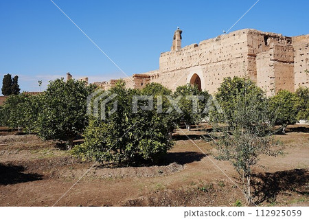 Gate of El Badi palace and stork's nests in Marrakech city in Morocco 112925059