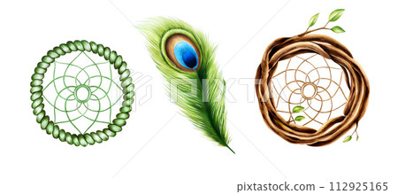 Marker illustration of ethnic wooden dream catcher pendant, wreath of twigs with spring leaves and peacock feather in watercolor style. Hand painted holder isolated on white background. Clip art for 112925165