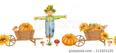 Seamless watercolor border with scarecrow, sunflower and pumpkin isolated on white. Autumn decor. Fall repeat composition 112925220