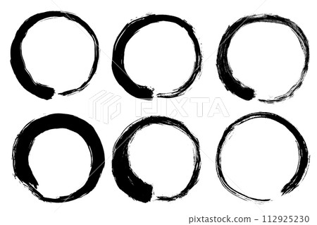 Enso Zen black circle set. Round ink brush stroke, japanese calligraphy paint buddhism symbol isolated on white 112925230