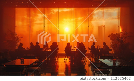 silhouette people sitting in a cafe having dinner silhouette people sitting in a cafe having dinner 112925402