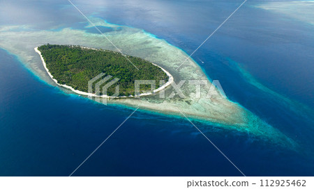 Aerial drone of tropical island with a beach in the ocean. Beautiful sandy beach with palm trees. Balabac, Palawan. Philippines. Aerial drone of tropical island with a beach in the ocean. Beautiful sandy beach with palm trees. Balabac, Palawan. Philippines. 112925462