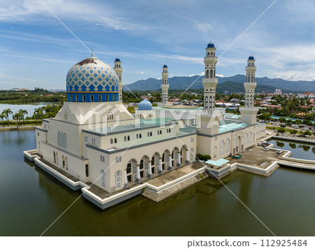 Aerial drone of Bandaraya Kota Kinabalu mosque at Likas Kota Kinabalu, Sabah, Borneo. Aerial drone of Bandaraya Kota Kinabalu mosque at Likas Kota Kinabalu, Sabah, Borneo. 112925484