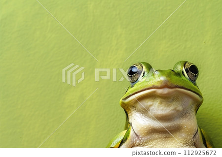 Engaging image of a frog with a quirky expression, set against a vivid green backdrop, is ideal for marketing, creative projects, or educational content. Copy space for text. Generative AI. 112925672