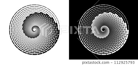 Abstract vector circle frame with rectangles as logo or emblem. Design element or icon. Black shape on a white background and the same white shape on the black side. Abstract vector circle frame with rectangles as logo or emblem. Design element or icon. Black shape on a white background and the same white shape on the black side. 112925793