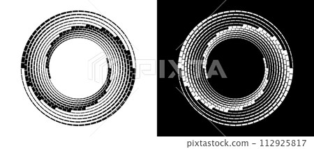 Abstract vector circle frame with rectangles as logo or emblem. Design element or icon. Black shape on a white background and the same white shape on the black side. 112925817