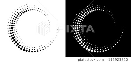 Modern abstract background. Halftone dots in circle form. Round logo. Vector dotted frame. Design element or icon. Black shape on a white background and the same white shape on the black side. 112925820