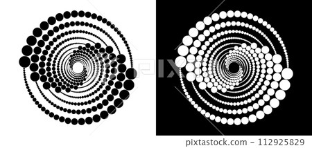 Modern abstract background. Halftone dots in circle form. Spiral logo, icon or design element. Black dots on a white background and white dots on the black side. 112925829