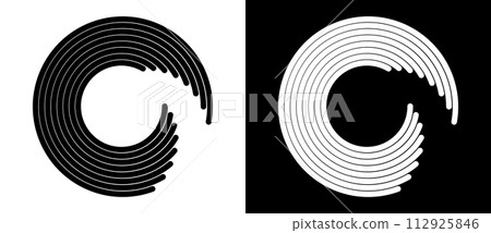 Abstract background with lines in circle. Art design spiral as logo or icon. A black figure on a white background and an equally white figure on the black side. Abstract background with lines in circle. Art design spiral as logo or icon. A black figure on a white background and an equally white figure on the black side. 112925846