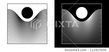 Art sun concept background. Tattoo template or logo with lines. Black shape on a white background and the same white shape on the black side. 112925856