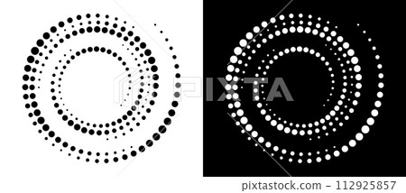 Modern abstract background. Halftone dots in circle form. Spiral logo, icon or design element. Black dots on a white background and white dots on the black side. 112925857