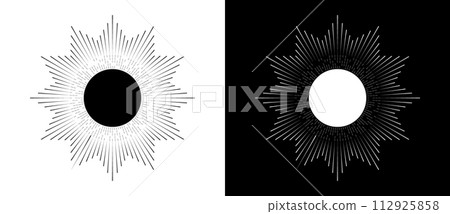 Abstract sun concept with artistic geometric lines around circle. Tattoo styles, logo or icon. Black shape on a white background and the same white shape on the black side. Abstract sun concept with artistic geometric lines around circle. Tattoo styles, logo or icon. Black shape on a white background and the same white shape on the black side. 112925858