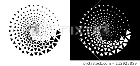 Abstract background with triangles in circle. Art design spiral as logo or icon. A black figure on a white background and an equally white figure on the black side. Abstract background with triangles in circle. Art design spiral as logo or icon. A black figure on a white background and an equally white figure on the black side. 112925859
