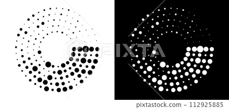 Modern abstract background. Halftone dots in circle form. Spiral logo, icon or design element. Black dots on a white background and white dots on the black side. Modern abstract background. Halftone dots in circle form. Spiral logo, icon or design element. Black dots on a white background and white dots on the black side. 112925885