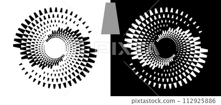 Modern abstract background with halftone tetragons in circle form. Design element or icon. A black figure on a white background and an equally white figure on the black side. 112925886