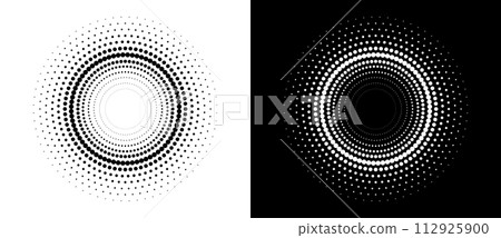Modern abstract background. Halftone dots in circle form. Spiral logo, icon or design element. Black dots on a white background and white dots on the black side. Modern abstract background. Halftone dots in circle form. Spiral logo, icon or design element. Black dots on a white background and white dots on the black side. 112925900