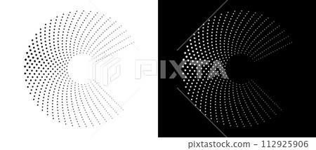 Modern abstract background. Halftone dots in circle form. Spiral logo, icon or design element. Black dots on a white background and white dots on the black side. Modern abstract background. Halftone dots in circle form. Spiral logo, icon or design element. Black dots on a white background and white dots on the black side. 112925906