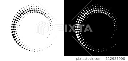 Modern abstract background. Halftone dots in circle form. Spiral logo, icon or design element. Black dots on a white background and white dots on the black side. Modern abstract background. Halftone dots in circle form. Spiral logo, icon or design element. Black dots on a white background and white dots on the black side. 112925908