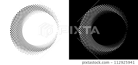 Modern abstract background. Halftone dots in circle form. Spiral logo, icon or design element. Black dots on a white background and white dots on the black side. Modern abstract background. Halftone dots in circle form. Spiral logo, icon or design element. Black dots on a white background and white dots on the black side. 112925941