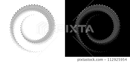 Modern abstract background. Halftone dots in circle form. Spiral logo, icon or design element. Black dots on a white background and white dots on the black side. Modern abstract background. Halftone dots in circle form. Spiral logo, icon or design element. Black dots on a white background and white dots on the black side. 112925954