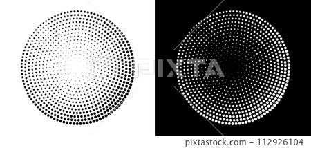Modern abstract background. Halftone dots in circle form. Round logo. Vector dotted frame. Design element or icon. Black shape on a white background and the same white shape on the black side. Modern abstract background. Halftone dots in circle form. Round logo. Vector dotted frame. Design element or icon. Black shape on a white background and the same white shape on the black side. 112926104