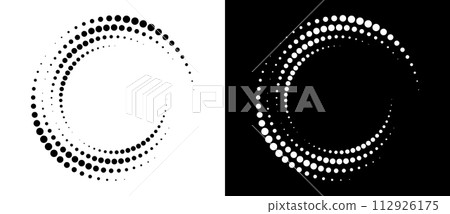 Modern abstract background. Halftone dots in circle form. Round logo. Vector dotted frame. Design element or icon. Black shape on a white background and the same white shape on the black side. 112926175