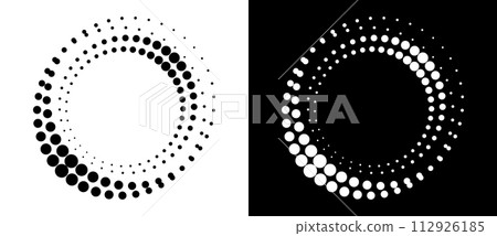 Modern abstract background. Halftone dots in circle form. Round logo. Vector dotted frame. Design element or icon. Black shape on a white background and the same white shape on the black side. Modern abstract background. Halftone dots in circle form. Round logo. Vector dotted frame. Design element or icon. Black shape on a white background and the same white shape on the black side. 112926185