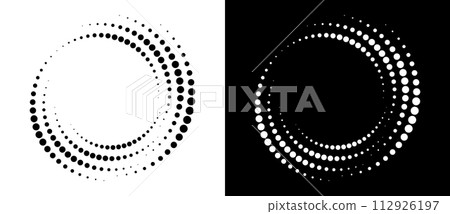 Modern abstract background. Halftone dots in circle form. Round logo. Vector dotted frame. Design element or icon. Black shape on a white background and the same white shape on the black side. Modern abstract background. Halftone dots in circle form. Round logo. Vector dotted frame. Design element or icon. Black shape on a white background and the same white shape on the black side. 112926197