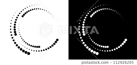 Modern abstract background. Halftone dots in spiral. Round logo, design element or icon. A black figure on a white background and an equally white figure on the black side. 112926205