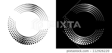 Modern abstract background. Halftone dots in circle form. Round logo. Vector dotted frame. Design element or icon. Black shape on a white background and the same white shape on the black side. Modern abstract background. Halftone dots in circle form. Round logo. Vector dotted frame. Design element or icon. Black shape on a white background and the same white shape on the black side. 112926220
