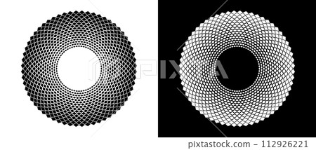Abstract background with rhombuses in circle. Art design circle as logo or icon. A black figure on a white background and an equally white figure on the black side. Abstract background with rhombuses in circle. Art design circle as logo or icon. A black figure on a white background and an equally white figure on the black side. 112926221