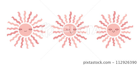 Cute hand drawn smiling sun set. Scandinavian style decoration for nursery kids room. Vector illustration Cute hand drawn smiling sun set. Scandinavian style decoration for nursery kids room. Vector illustration 112926390