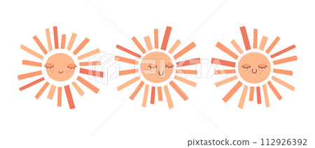 Cute hand drawn smiling sun with closed eyes set. Scandinavian style decoration for nursery kids room. Vector illustration 112926392